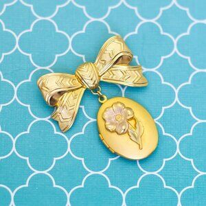 Vintage Floral Round Oval Locket Pendant Gold Tone Ribbon Brooch - R35